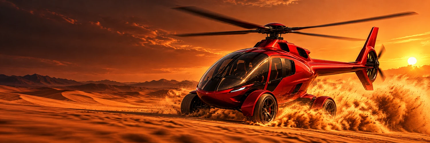 Red car-helicopter throwing a cloud of dust across the desert