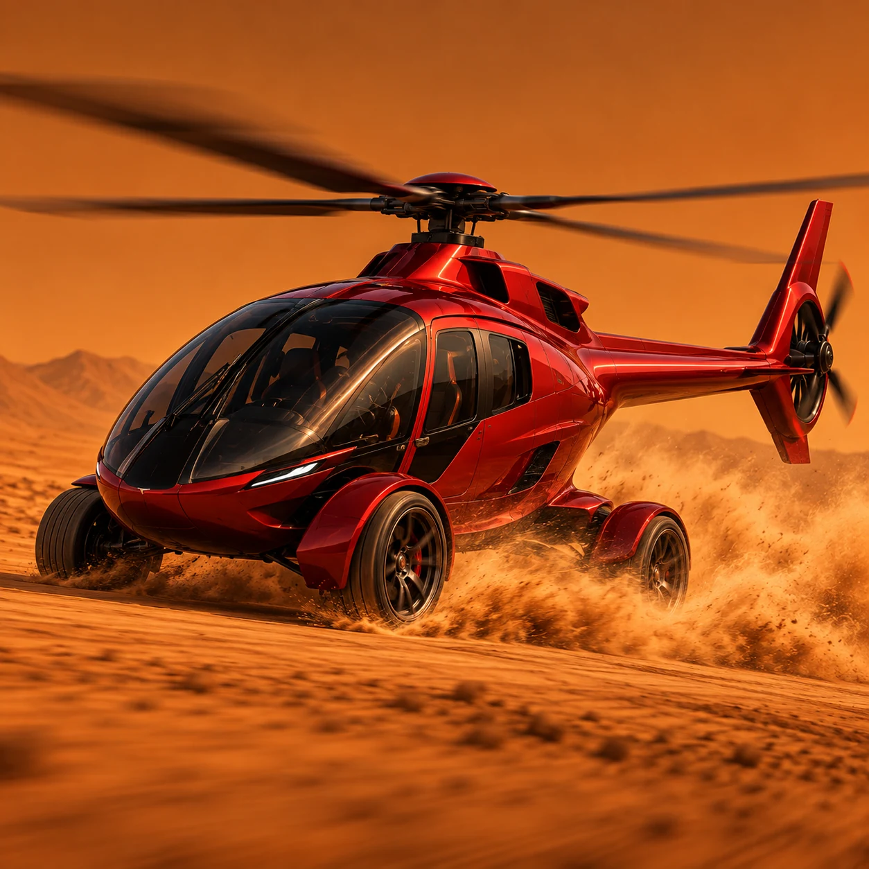 The original red TDH hybrid drifting on four wheels in the desert